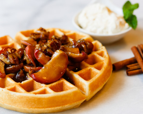 Pecan Praline Waffles with Peaches