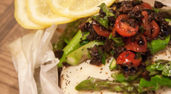 Roasted Halibut in Parchment Paper w/ black olive and tomato relish Roasted Halibut in Parchment Paper w/ black olive and tomato relish